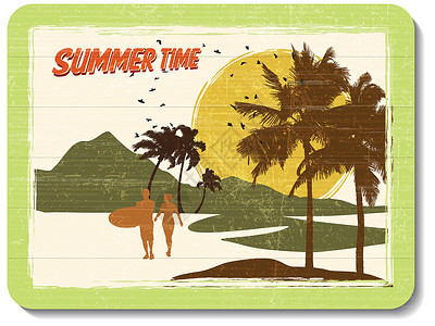 冲浪者具有夏季时间的古老木板装饰墙设计图片