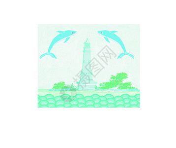 美丽灯塔从一个小海滩和海豚看到灯塔阳光卷曲天空旅行植物群气泡棕榈天堂热带日落设计图片