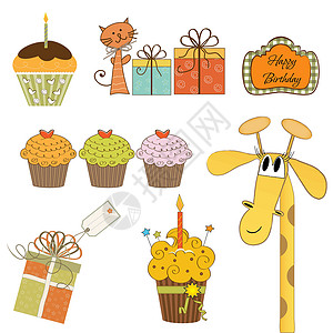 会生日蛋糕和玩具礼物白色背地上孤立的纸杯蛋糕和其他比特日项目生日蜡烛插图纪念日周年宠物假期卡通片乐趣礼物设计图片