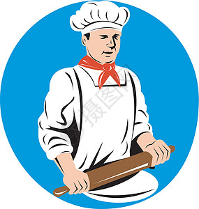 揉捏厨师烤面包机 手持打滚针男性男人面团插图擀面杖帽子面包师工人设计图片