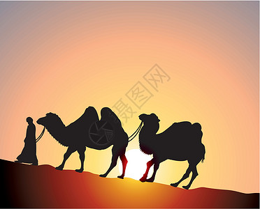 贝都因人向量骆驼和贝都因日落哺乳动物气候太阳游客运输天空晴天干旱沙漠设计图片