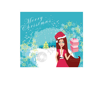 年轻圣诞女孩圣诞吉祥的漂亮小妞 受圣诞启发的服装卡化身蓝色小精灵女性海浪魅力盒子理发房屋曲线设计图片