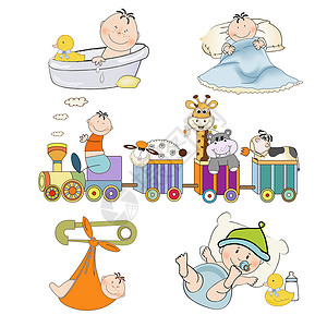 洗澡的婴儿设置在白色背景上孤立的新小男孩项目淋浴婴儿动物插图洗澡乐趣收藏卡通片蓝色孩子设计图片