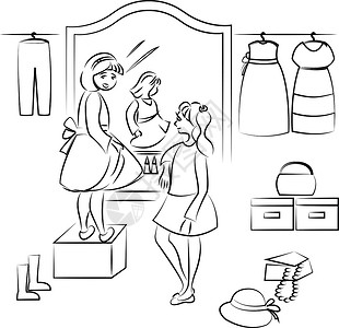 学步鞋两个孩子在衣柜里衣服卡通片女孩帽子壁橱家庭宝贝姐姐镜子草图设计图片