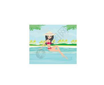 草帽海贼团山治泳池旁的女青年日光浴身体池塘蓝色旅游绿洲假期泳装热带场景日光设计图片