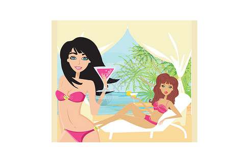 峇里岛女人在优雅的温泉里放松娱乐女孩旅游酒店游泳反射蓝色海滩水池棕榈设计图片