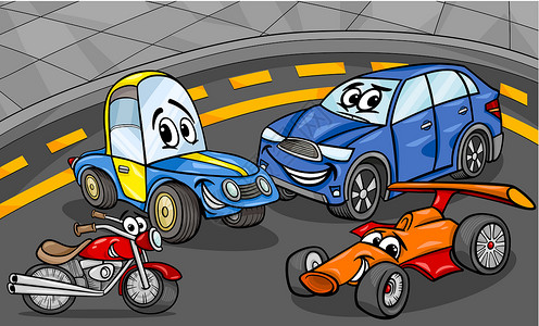 赛车玩具集体漫画插图 卡通画设计图片