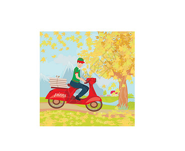 小樽店骑摩托车送比萨饼的人司机插图盒子自行车车辆树叶服务商业发动机男人设计图片