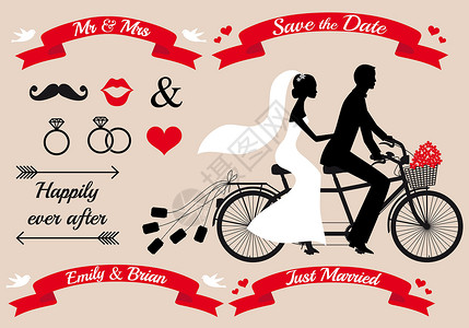 喜宴结婚邀请函双骑自行车结婚夫妇 矢量组合设计图片
