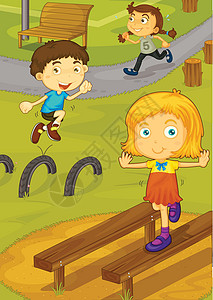 在跑步的孩子在年插图跳跃公园朋友们童年喜悦卡通片享受长椅幸福设计图片