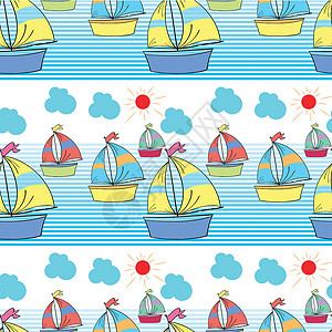 直挂云帆无缝模式与孩子们游艇海洋航行海滩绘画正方形海报环形贴纸卡通片设计图片