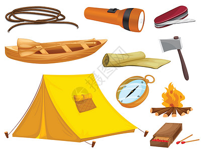 户外帐篷露营的各种对象工具罗盘床垫卡通片冒险远足绳索帐篷手电筒火炬设计图片
