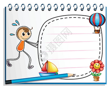 骑着铅笔的男孩一本笔记本 上面画着一个男孩的图画 推着空标牌设计图片