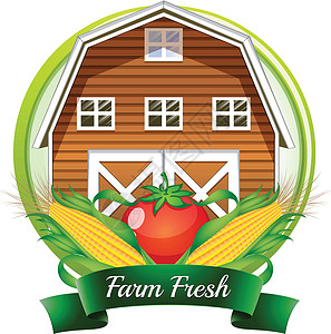 西红柿农场一个农场新鲜标签 棕色谷仓 番茄和玉米设计图片