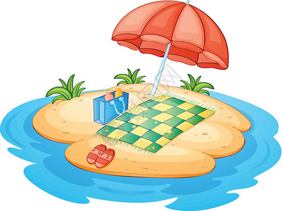 红色的雨伞一个带雨伞和毯子的岛屿设计图片