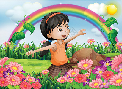靛青一个在花园的快乐女孩 带着鲜花开着设计图片