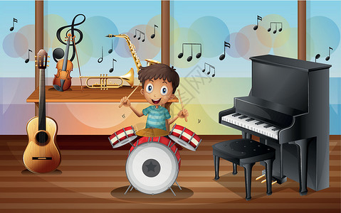 拉小提琴的男孩音乐室里一个快乐的鼓手设计图片