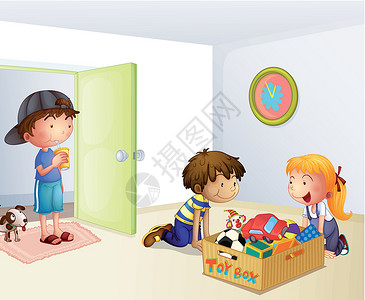动物拖鞋屋子里三个孩子 拿着一盒玩具设计图片