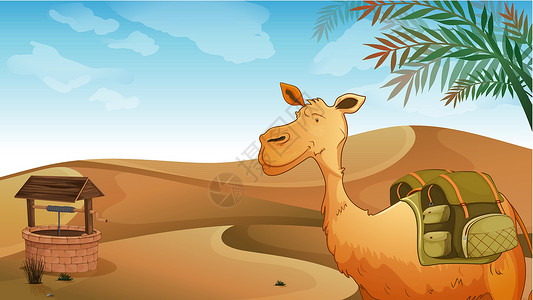 驼峰沙漠的骆驼和水井设计图片