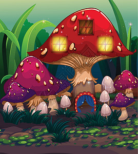 长蘑菇一个大蘑菇屋 蓝色的窗帘设计图片