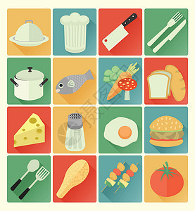 厨师拿西兰花平板图标鸡蛋菜单蔬菜厨房烧烤餐厅面包厨师盐瓶钢包设计图片