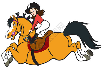 骑马女孩骑马的卡通女孩骑术水平乐趣跳跃对抗头盔漫画动物孩子农场设计图片