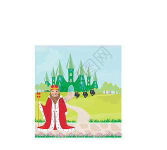 穿红色长袍猫国王笑笑的看着城堡王国卡通片童话绘画职员棍棒权杖帝国戏服花朵设计图片