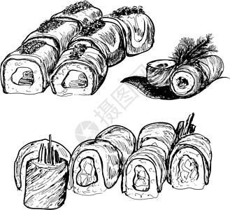 三文鱼特写寿司叶子螃蟹小吃午餐食物鳗鱼餐厅海鲜奶油海苔设计图片
