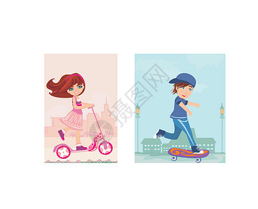 女孩在玩滑板车快乐的男孩在滑板上 女孩在摩托车上设计图片
