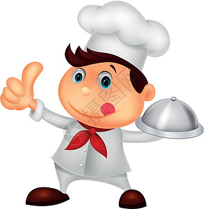 铁板烧厨师大厨拿着金属餐盘和大拇指食物美食手势帽子烹饪卡通片厨房男人插图男性设计图片