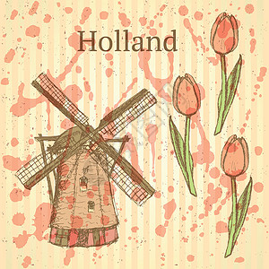 荷兰郁金香风车Slaych 荷兰风车和郁金 矢量背景建筑文化旅游绘画力量明信片叶子植物群插图旅行设计图片