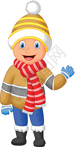 戴围巾的男孩卡通插画 一个男孩穿着冬衣挥舞夹子庆典艺术卡通片手套男生快乐问候语衣服孩子设计图片