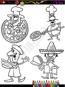 卷边披萨烹饪厨师设置卡通漫画彩色书设计图片