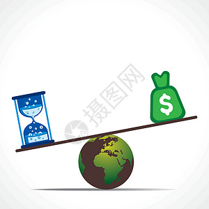 一沙一世界美元货币和沙钟在地球概念 vecto 上称重设计图片
