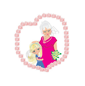 女孩给奶奶梳头奶奶节快乐喜悦孙女享受卡片女士妈妈们插图老年乐趣祖母设计图片