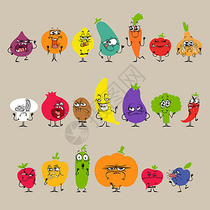 卡通水果香蕉卡通水果和有色谱表达力的蔬菜集设计图片