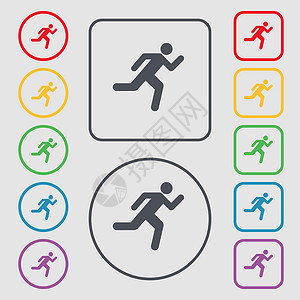 男子俯卧撑动作正在运行男人图标符号 圆形和带框架的平方按钮上的符号 矢量设计图片