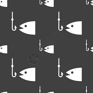 钓鱼的渔夫渔船图标符号 灰色背景上的无缝模式 矢量工具游泳钓鱼灯塔乐趣漂浮物浮标爱好挑战罗盘设计图片