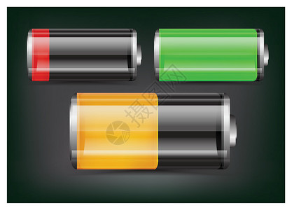 圆柱电池透明电池插图的矢量数据集 深底绿色 橙色和红色电池组设计图片