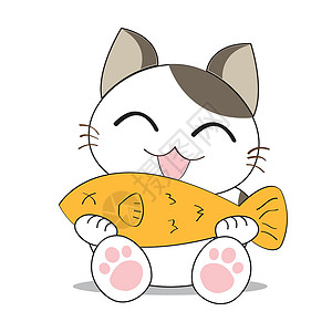 猫和鱼边框可爱的猫咪性格漫画白色微笑乐趣灰色动物虎斑胡须插图吉祥物设计图片