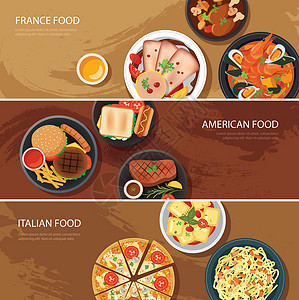 培根比萨一套食物网横幅的平面设计 法国食品 美国食品设计图片