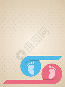 双胞胎宝宝带婴儿脚的蓝色粉红色丝带贺卡设计图片