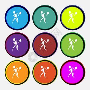 网球场地网球图标标志 九个多色圆形按钮 韦克托标语苦恼活动游戏爱好锦标赛冠军消遣玩家跑步设计图片