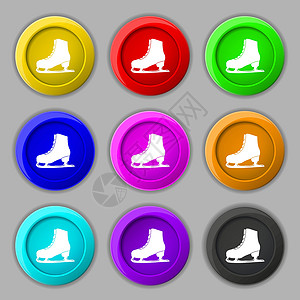 开机按钮滑冰图标标志 九个圆形彩色按钮上的符号 韦克托季节金属刀刃舞蹈鞋类运动冻结速度鞋带溜冰者设计图片