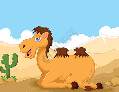 红土高原具有沙漠风景背景的有趣的骆驼漫画设计图片