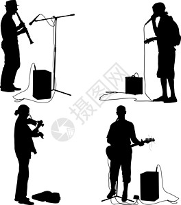 街头演奏设置剪影音乐家演奏乐器 韦克托闲暇男人扬声器中提琴力量玩家演奏家爵士乐帽子头发设计图片