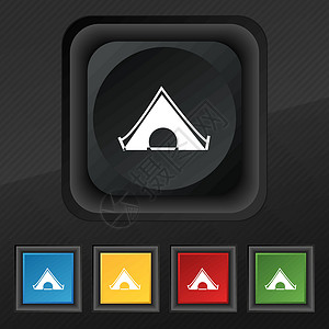 帐篷图标符号 在黑纹理上为设计设置五个彩色 时髦的按钮 矢量背景图片