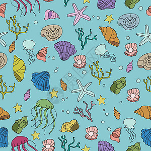 海蜇无缝模式与多彩的海洋生物设计图片