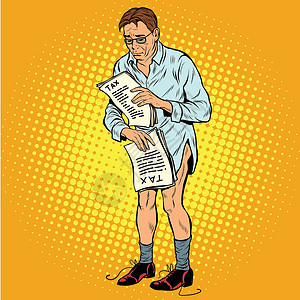 看报纸的男人因课税而脱裤子的逆向商务人士设计图片