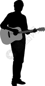 弹吉他男青年剪影音乐家弹吉他 它制作图案矢量乐器演员音乐玩家练习插图白色音乐家麦克风头发设计图片